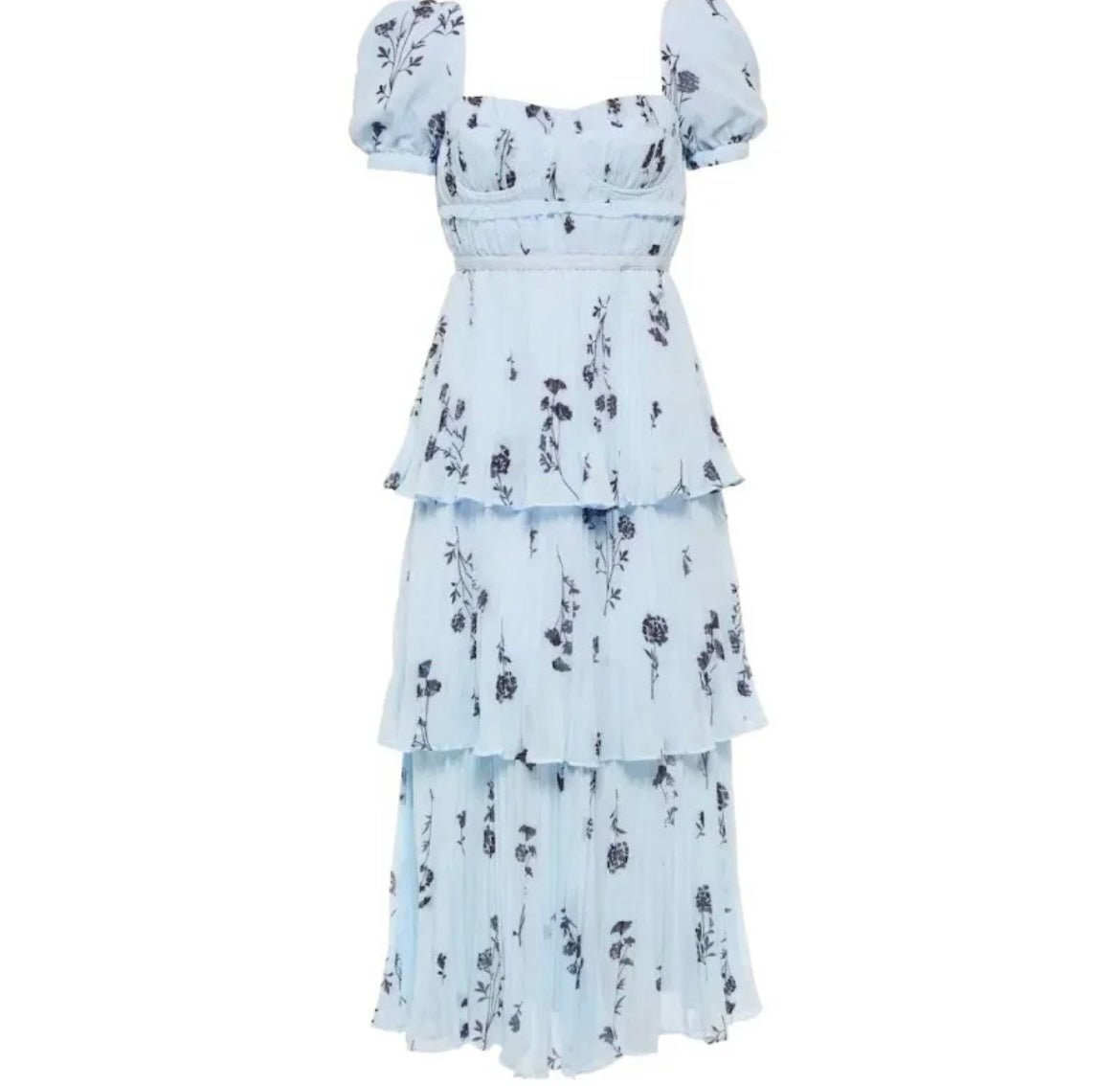 Printed Chiffon Pleated Maxi Dress - Blue
