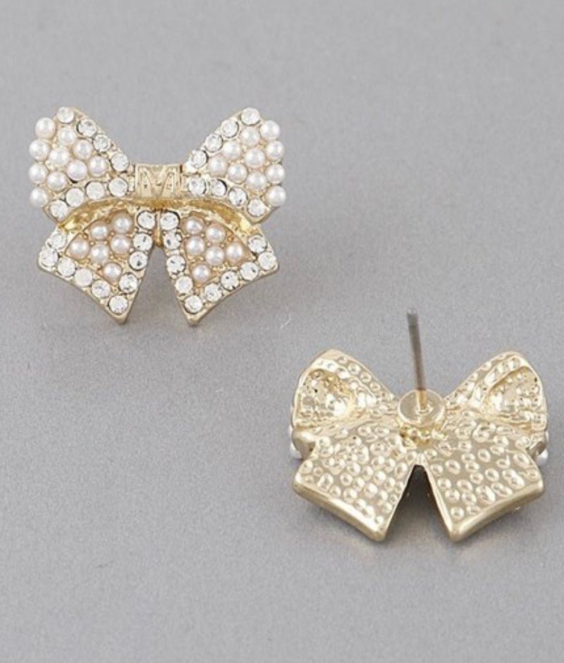 Bow stud Earrings with gold and pearl detail - Oliver Barret