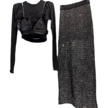 Knit lurex skirt with crop top and feather bralette