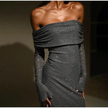 Off Shoulder Mesh Dress With Metallic Dot Print - Oliver Barret