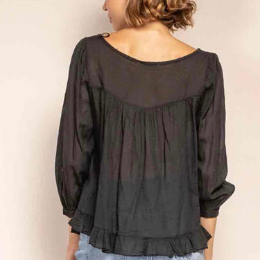 scoop neck semi-sheer cotton 3/4 sleeve blouse - Oliver Barret